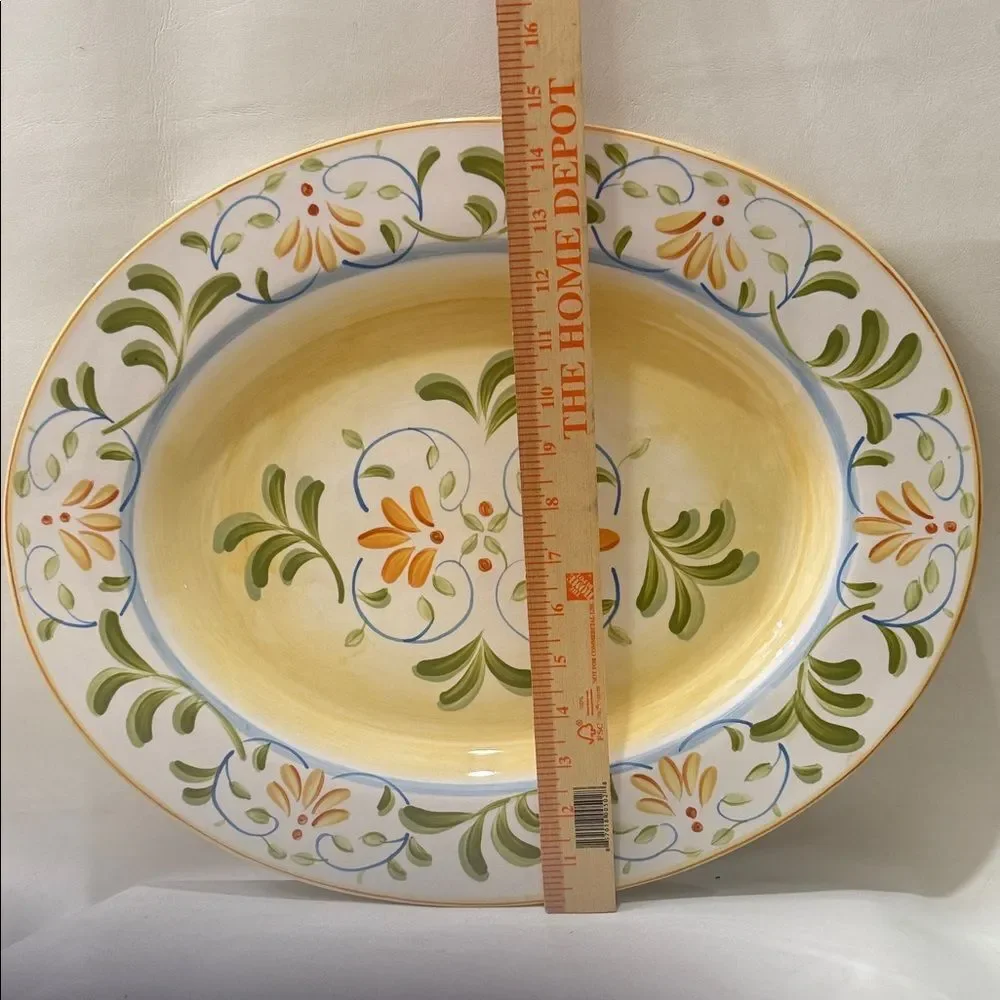The Cellar Macy’s Handpaint Artisan Floral Oval Platter Green Orange 18 3/4 X 15